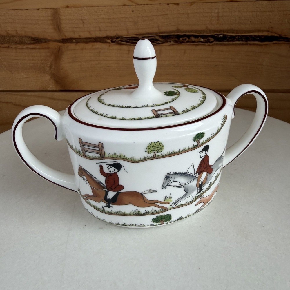 Coalport Fine Bone China Hunting Scene England Sugar Pot Dish With Lid Rare